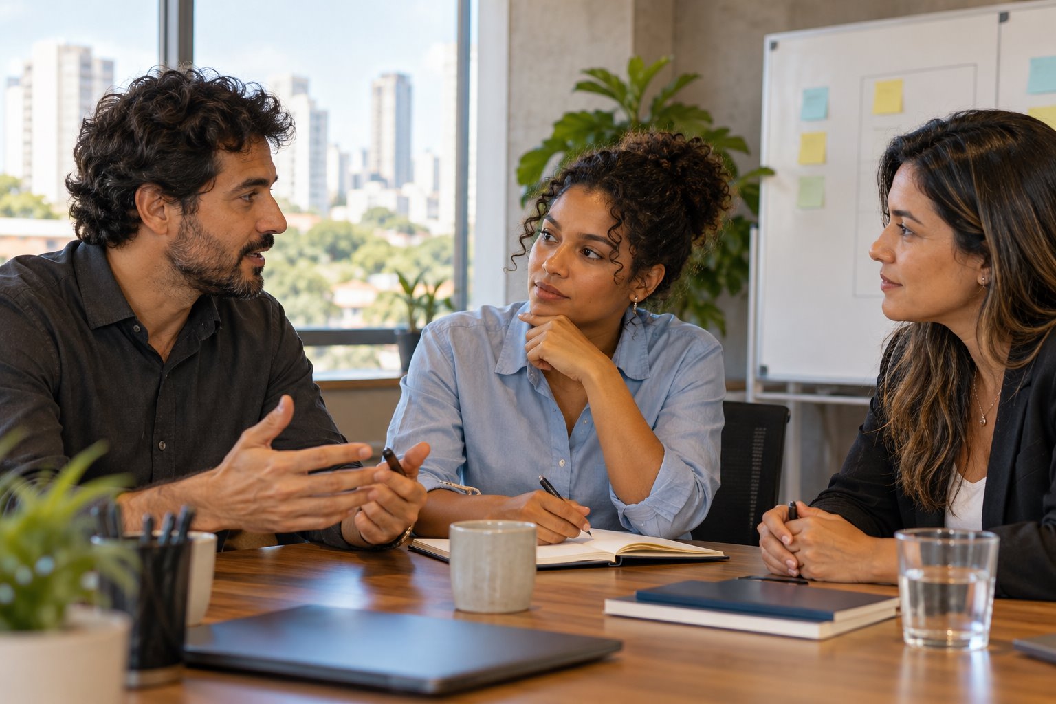 Gestor participando de uma conversa de apoio e desenvolvimento com outros líderes