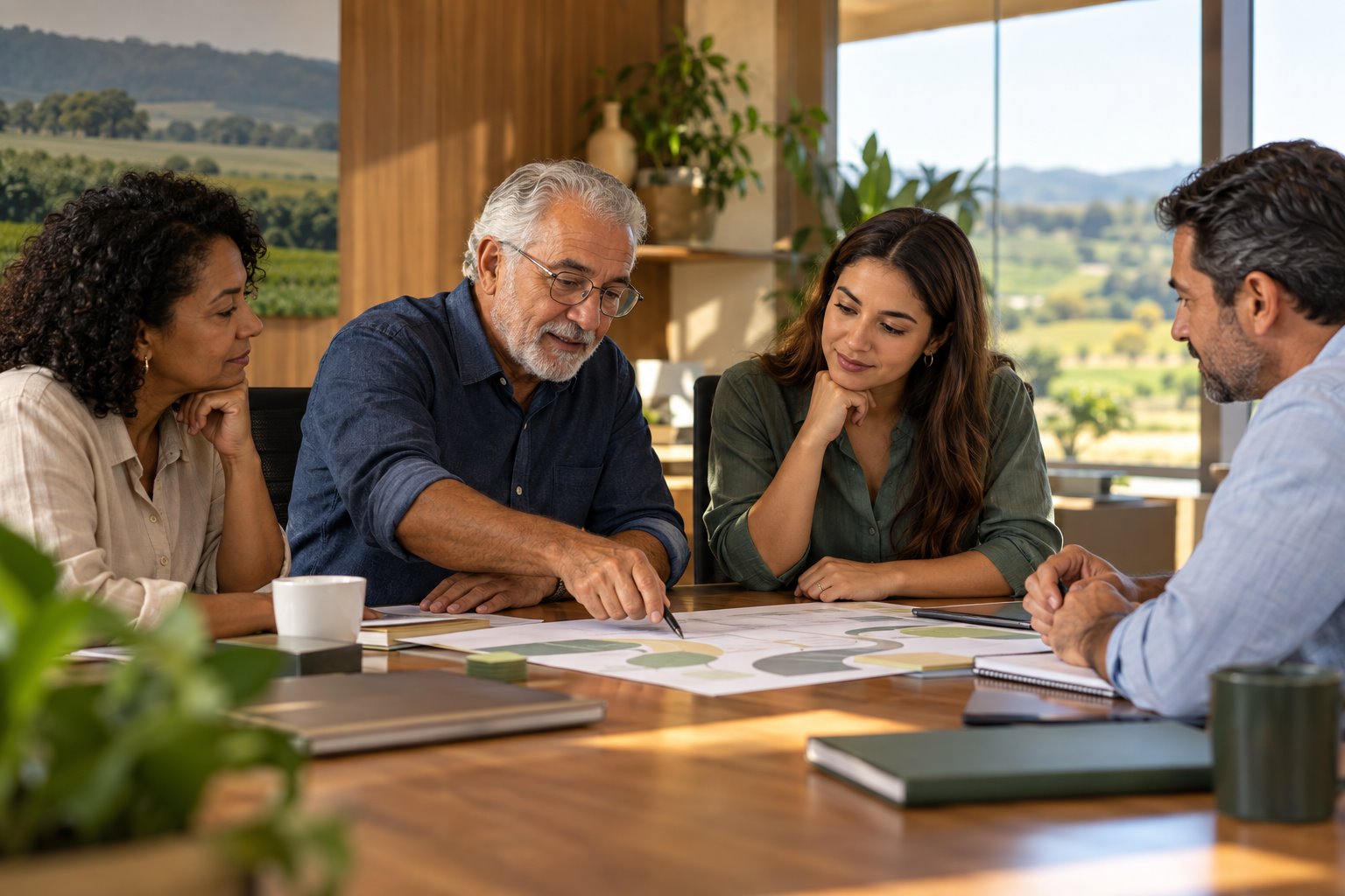Dirigentes de cooperativa de diferentes gerações planejando a sucessão de lideranças